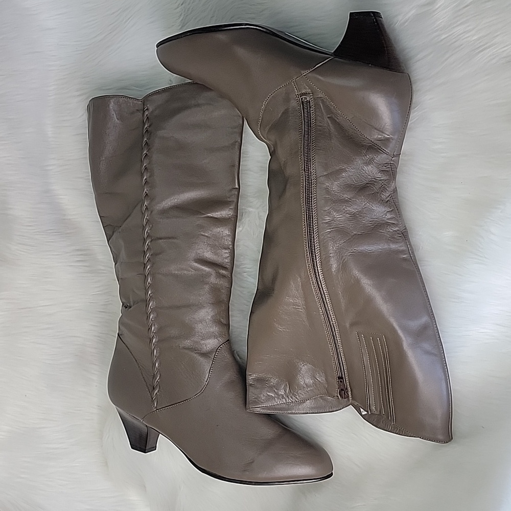 REVELATIONS Gray Brown Braid Twist Detail Zip Up Dress Retro Leather Heeled Boot